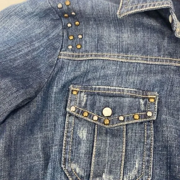 Harley Davidson Womens S Pearl Snap Close Studded  Denim Jean Shirt Roll Tab  Bl - Picture 7 of 12